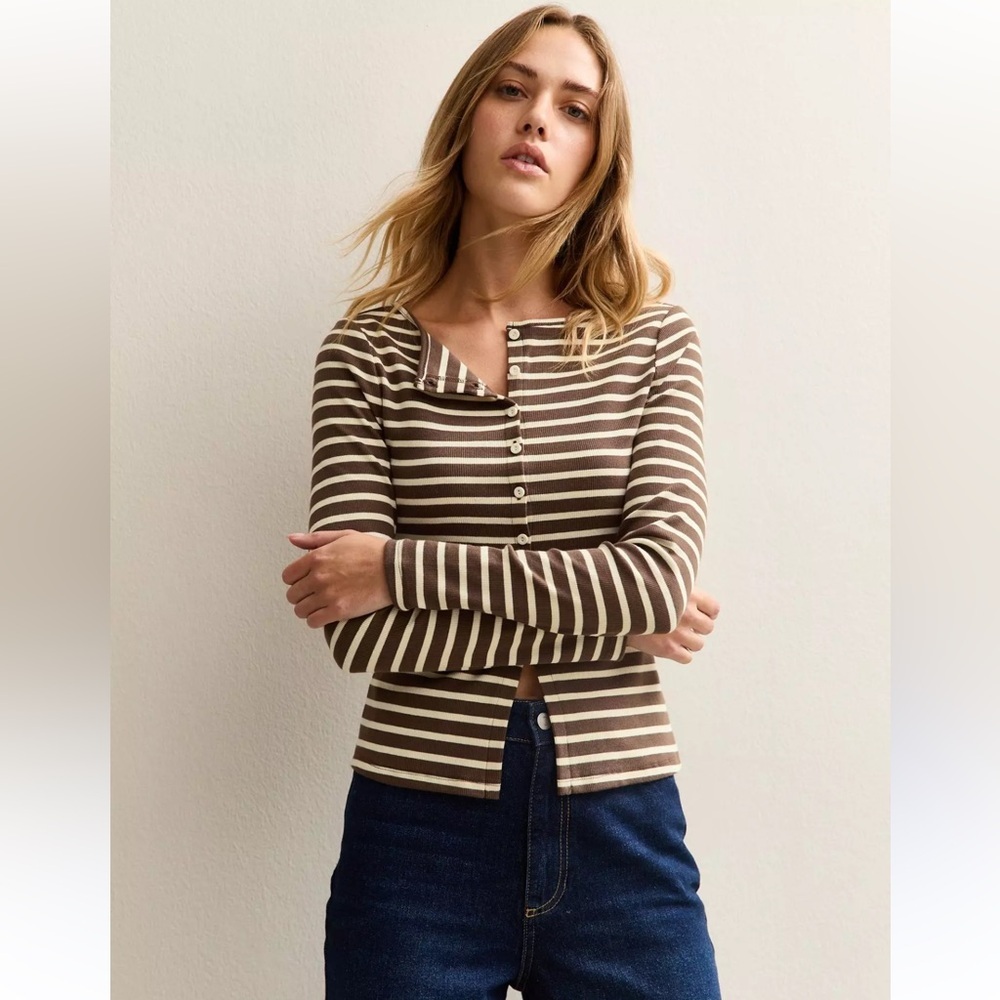 Emerson Lang Elegant Brown and Cream Striped Cardigan